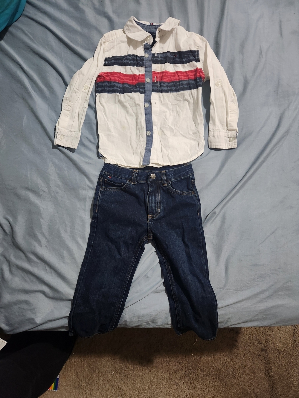 Tommy Hilfiger Boys White Shirt with Red & Navy Stripes and Dark Blue Jeans Set